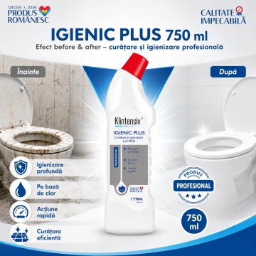Detergent igienizant profesional Klintensiv Igienic Plus, cu hipoclorit de sodiu, gel pentru suprafețe dure, gresie, faianță, ceramică, inox și grupuri sanitare, fără parfum, 750 ml, 4x Stickere - Img 2