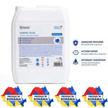 Detergent igienizant profesional Klintensiv Igienic Plus, pe bază de hipoclorit, formulă gel pentru curățare intensivă, spații alimentare, medicale, instituționale și casnice, canistră 5 L, 4x Stickere