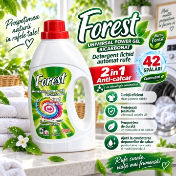 Detergent Lichid Automat Rufe Cloret Universal Power Forest, Gel Concentrat, 42 Spălări, 2 în 1 Anticalcar, Enzyme Technology, Parfum Forest, 1.5 L - Img 2