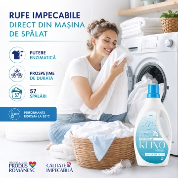 Detergent lichid enzimatic pentru rufe albe KLINO Klintensiv, eficient de la 20°C, fabricat in Romania, parfum revigorant, prospețime de durată, 57 spalari, 2 L, 4x Stickere - Img 3
