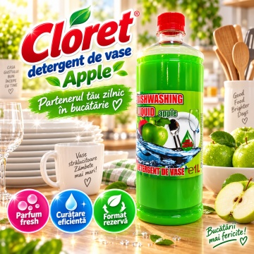 Detergent Lichid pentru Vase Cloret Dishwashing Liquid Citrus, Ideal pentru reumplere, Degresare și Curățare Eficientă, Aromă Apple, 1 L - Img 2