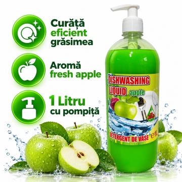 Detergent Lichid pentru Vase Cloret Dishwashing Liquid Citrus, Degresare și Curățare Eficientă, Aromă Apple, 1 L