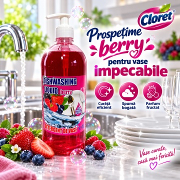 Detergent Lichid pentru Vase Cloret Dishwashing Liquid Citrus, Degresare și Curățare Eficientă, Aromă Berry, 1 L - Img 2