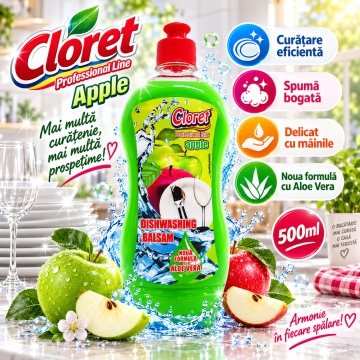 Detergent Lichid pentru Vase Cloret Dishwashing Liquid Citrus, Degresare și Curățare Eficientă, Aromă Apple, 500 ml - Img 2