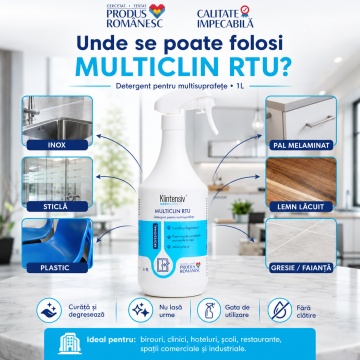 Detergent multisuprafețe Klintensiv MultiClin RTU, gata de utilizare, degresant, fără urme, fără clătire, pentru metal, plastic, sticlă, lemn lăcuit, PAL, gresie și ceramică, 1 L, 4x Stickere - Img 2