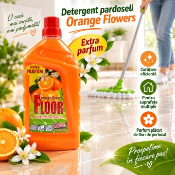Detergent Pardoseli Cloret Flori de Portocal, Curățare Zilnică, Fără Clătire, pentru Mop și Lavetă, Parfum Floral Proaspăt, Fabricat în România, 1 L - Img 2