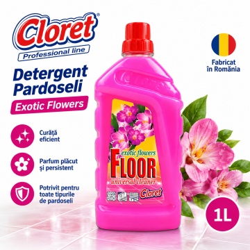 Detergent Pardoseli Cloret Flori Exotice, Curățare Zilnică, Fără Clătire, pentru Mop și Lavetă, Parfum Floral Intens, Fabricat în România, 1 L