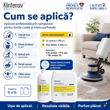Detergent profesional covoare și tapițerii Klintensiv KLINOCARPET HF, concentrat pentru șamponare, mochetă, covoare, textile și spații cu trafic intens, canistră 5 L, 4x Stickere - Img 4