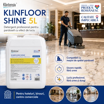 Detergent profesional pardoseli Klintensiv KLINFLOOR SHINE, concentrat cu efect de luciu, parfum remanent, spumare redusă, pentru mop și mașini de curățat pardoseli, canistră 5 L, 4x Stickere - Img 4