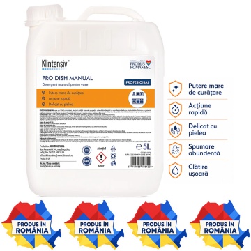 Detergent vase manual Klintensiv PRO DISH, profesional concentrat, degresant puternic, spumare abundentă, cu glicerină, blând cu pielea, pentru uz casnic și profesional, 5 L, 4x Stickere