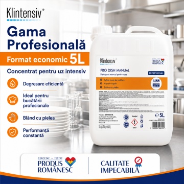Detergent vase manual Klintensiv PRO DISH, profesional concentrat, degresant puternic, spumare abundentă, cu glicerină, blând cu pielea, pentru uz casnic și profesional, 5 L, 4x Stickere - Img 4