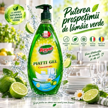 Detergent Vase Profesional Concentrat Royal Hygiene Piatti Gel Concentrato Lămâie Verde, cu Bicarbonat și Mușețel, Formulă Eco Italiană, Fabricat în România, 800 ml