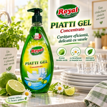Detergent Vase Profesional Concentrat Royal Hygiene Piatti Gel Concentrato Lămâie Verde, cu Bicarbonat și Mușețel, Formulă Eco Italiană, Fabricat în România, 800 ml - Img 2