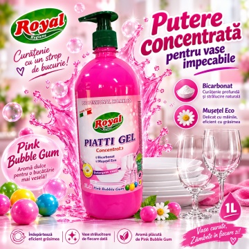 Detergent Vase Profesional Concentrat Royal Hygiene Piatti Gel Concentrato Bubble Gum, Concentrat HoReCa, cu Bicarbonat și Mușețel, Formulă Eco Italiană, Fabricat în România, 1 L - Img 2