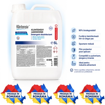 Dezinfectant detergent concentrat Klintensiv Aminoind, pentru HoReCa, producție alimentară, depozite și echipamente, TP4, biodegradabil 90%, canistră 5 L, 4x Stickere