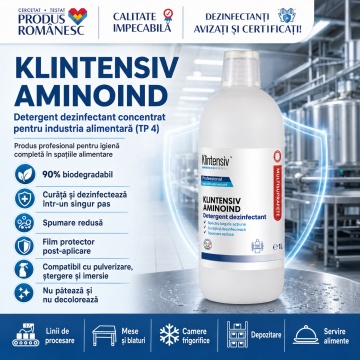 Dezinfectant detergent concentrat Klintensiv Aminoind, pentru industria alimentară, TP4, curățare și dezinfecție, bactericid și levuricid în 5 minute, film protector, 1 L, 4x Stickere - Img 2