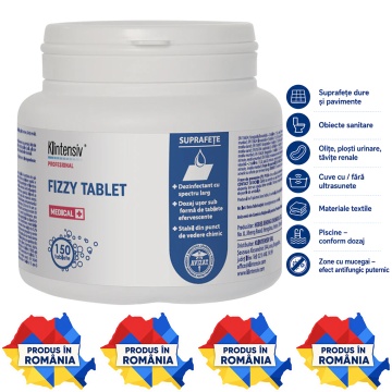 Dezinfectant efervescent Klintensiv Fizzy Tablet, TP2, spectru larg, pentru suprafețe dure, pavimente, textile, instrumentar și obiecte medicale, aviz biocid, 150 tablete, 4x Stickere