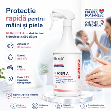 Dezinfectant mâini și piele Klinsept A, hidroalcoolic, 85% etanol, fără clătire, testat dermatologic, pentru dezinfectare igienică și chirurgicală, 1 L, 4x Stickere - Img 2
