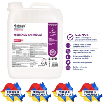Dezinfectant profesional concentrat Klintensiv Aminoquat, pentru spitale, clinici, ambulanțe, cabinete stomatologice, saloane și instituții, biodegradabil peste 90%, canistră 5 L, 4x Stickere