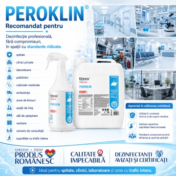 Dezinfectant profesional de nivel înalt Peroklin Klintensiv, peste 99% biodegradabil, pentru spitale, clinici, laboratoare, ambulanțe, suprafețe și instrumentar medical, canistră 5 L, 4x Stickere - Img 6