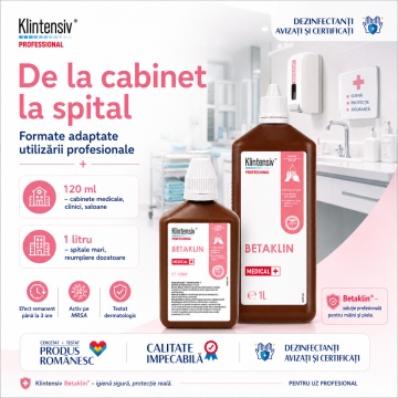 Dezinfectant profesional mâini și piele Betaklin Klintensiv, iod povidonă 7,5%, pentru spitale, clinici, cabinete medicale, saloane și reumplere dozatoare, aviz biocid, 1 L, 4x Stickere - Img 6