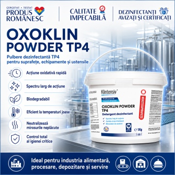 Dezinfectant pulbere Oxoklin Powder, TP4, pentru suprafețe și ustensile industria alimentară, generează acid peracetic, bactericid, levuricid, virucid și micobactericid, cu lingură dozatoare, 4x Stickere - Img 2