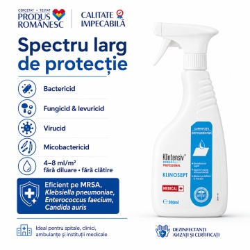 Dezinfectant rapid suprafețe Klinosept Klintensiv Professional, pe bază de alcool 85%, bactericid, levuricid, fungicid, virucid, micobactericid și tuberculocid, fără clătire, aviz biocid, 500 ml, 4x Stickere - Img 6
