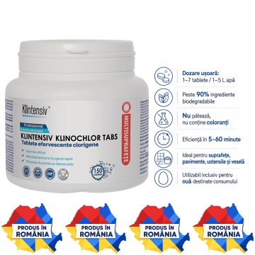 Dezinfectant solid Klintensiv Klinochlor Tabs, tablete efervescente cu clor activ, TP4, pentru suprafețe, pavimente, recipiente, veselă și zone alimentare, 150 tablete, 4x Stickere