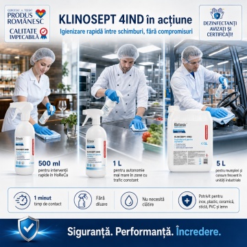 Dezinfectant suprafețe industria alimentară Klinosept 4Ind, pe bază de alcool, 85% etanol, fără clătire, acțiune microbiocidă în 1 minut, HoReCa și procesare alimente, 500 ml, 4x Stickere - Img 6