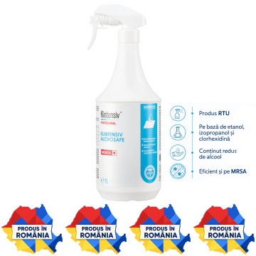 Dezinfectant suprafețe Klintensiv Alchosafe, cu 36% etanol, 24% izopropanol și 0,5% clorhexidină, pentru suprafețe medicale și amprente dentare, aviz biocid, 1 L, 4x Stickere