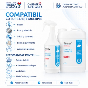 Dezinfectant suprafețe Klintensiv Alchosafe, cu 36% etanol, 24% izopropanol și 0,5% clorhexidină, pentru suprafețe medicale și amprente dentare, aviz biocid, 1 L, 4x Stickere - Img 6