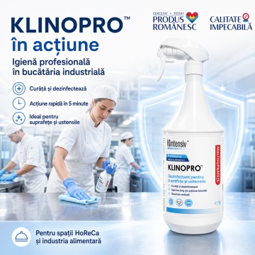 Dezinfectant suprafețe și pavimente Klinopro, soluție profesională pentru industria alimentară, bactericid, fungicid și virucid în 5 minute, peste 98% ingrediente biodegradabile, 1 L, 4x Stickere - Img 6