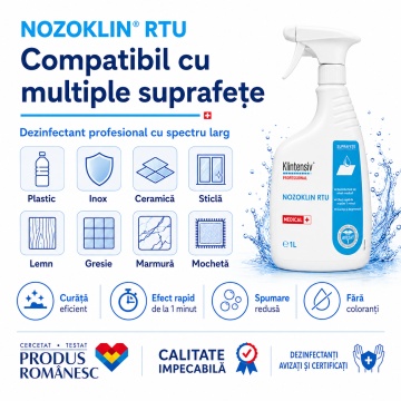 Dezinfectant suprafețe și pavimente Nozoklin RTU Klintensiv, profesional, pentru spitale, clinici, cabinete stomatologice, instituții și spații cu trafic intens, aviz biocid, canistră 5 L, 4x Stickere - Img 6