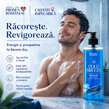 Gel de duș Klintensiv Cold Breeze, aromă fresh răcoritoare, spumă fină, efect emolient și protector, cu D-Panthenol, Zinc PCA și glicerină, peste 94% ingrediente biodegradabile, 400 ml, 4x Stickere - Img 2