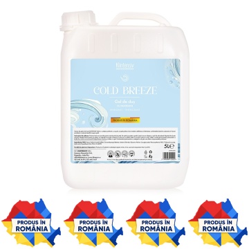 Gel de duș Klintensiv Cold Breeze, formulă profesională cu parfum fresh răcoritor, efect emolient și protector, peste 94% ingrediente biodegradabile, ideal pentru hoteluri, pensiuni, firme, spații publice și reumplere, bidon 5 L, 4x Stickere