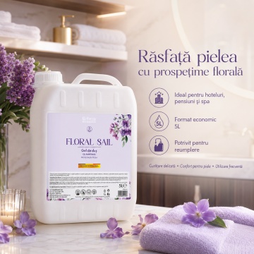 Gel de duș Klintensiv Floral Sail, formulă profesională cu parfum floral fresh, efect emolient și protector, peste 94% ingrediente biodegradabile, ideal pentru hoteluri, pensiuni, firme, spații publice și reumplere, bidon 5 L, 4x Stickere - Img 2