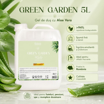 Gel de duș Klintensiv Green Garden, formulă profesională cu Aloe Vera, D-Panthenol și Zinc PCA, aromă fresh, peste 94% ingrediente biodegradabile, ideal pentru hoteluri, pensiuni, firme și spații publice, 5 L, 4x Stickere - Img 2