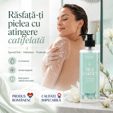 Gel de duș Klintensiv Silk Garden, aromă elegantă catifelată, spumă fină, efect emolient și protector, cu D-Panthenol, Zinc PCA și glicerină, peste 94% ingrediente biodegradabile, 400 ml, 4x Stickere - Img 2
