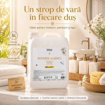 Gel de duș Klintensiv Summer Garden, formulă profesională cu parfum fresh de vară, efect emolient și protector, peste 94% ingrediente biodegradabile, ideal pentru hoteluri, pensiuni, firme, spații publice și reumplere, bidon 5 L, 4x Stickere - Img 2