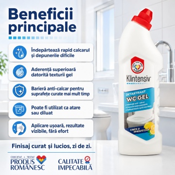 Gel detartrant WC și suprafețe ceramice Klintensiv, anticalcar profesional, textură gel, aderență pe suprafețe verticale, pentru baie, gresie, faianță, ceramică, cabine duș și inox rezistent, 750 ml, 4x Stickere - Img 2