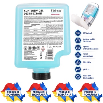 Gel dezinfectant mâini Klintensiv, cartuș 1,2 L, 85% etanol, dezinfectare igienică și chirurgicală, bactericid, fungicid, levuricid, virucid, testat dermatologic, 4x Stickere