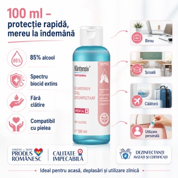 Gel dezinfectant mâini Klintensiv, profesional, 85% etanol, bactericid, levuricid, fungicid și virucid, fără clătire, pentru geantă și călătorii, 100 ml, 4x Stickere - Img 2