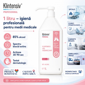Gel dezinfectant mâini Klintensiv, profesional, 85% etanol, dezinfectare igienică și chirurgicală, bactericid, fungicid, levuricid, virucid și micobactericid, 1 L, 4x Stickere - Img 2
