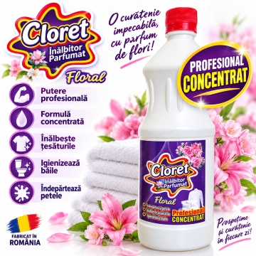 Înălbitor Parfumat Floral Cloret, Profesional Concentrat pentru Rufe Albe și Igienizarea Băii, Îndepărtează Petele și Murdăria, Parfum Floral, 1 L