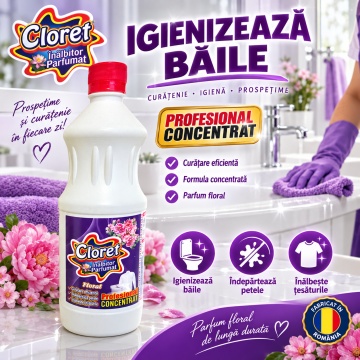 Înălbitor Parfumat Floral Cloret, Profesional Concentrat pentru Rufe Albe și Igienizarea Băii, Îndepărtează Petele și Murdăria, Parfum Floral, 1 L - Img 2