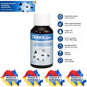 Insecticid concentrat TRAKIL FORTE, pentru insecte zburătoare, muște, țânțari, molii și viespi, soluție 1,5%, acțiune rapidă în 30 minute, 50 ml, 4x Stickere