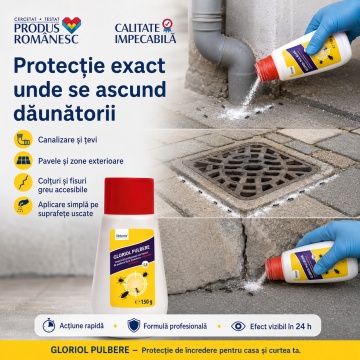 Insecticid pulbere GLORIOL, pentru insecte târâtoare, furnici și gândaci, cu Tetrametrin 2%, aplicare prin pudrare, pentru zone greu accesibile, canalizare, țevi, panouri electrice și exterior, 150 g, 4x Stickere - Img 3
