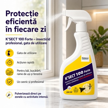 Insecticid spray K-Sect 100 Forte, gata de utilizare, pentru insecte zburatoare dăunătoare, insecticid, acaricid și control artropode, cu Cipermetrin, Piperonil butoxid și Tetrametrin, 500 ml, 4x Stickere - Img 3