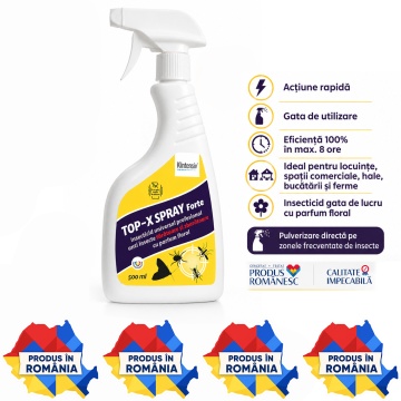Insecticid spray TOP-X-SPRAY FORTE, pentru combaterea muștelor și insectelor zburătoare, gata de utilizare, acțiune prin contact, eficacitate 100% în maxim 8 ore, 500 ml, 4x Stickere