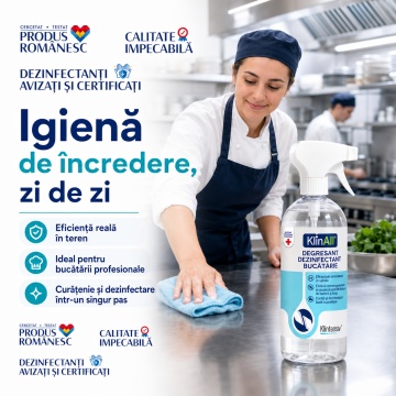 KlinAll Degresant Dezinfectant Bucătărie Klintensiv, curăță, degresează și dezinfectează în 5 minute, biodegradabil peste 98%, pentru HoReCa și uz profesional, 1 L, 4x Stickere - Img 6